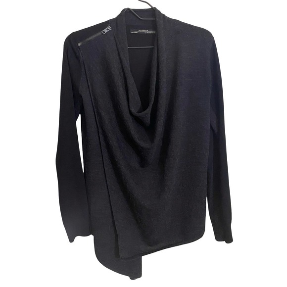 ALLSAINTS Black Charcoal Asymmetrical Drina Drape Cardigan Sweater Size 4 - Picture 2 of 12